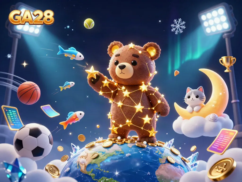 GA28 captivates players with a celestial-themed casino world full of sports balls, gold coins, and cheerful characters.