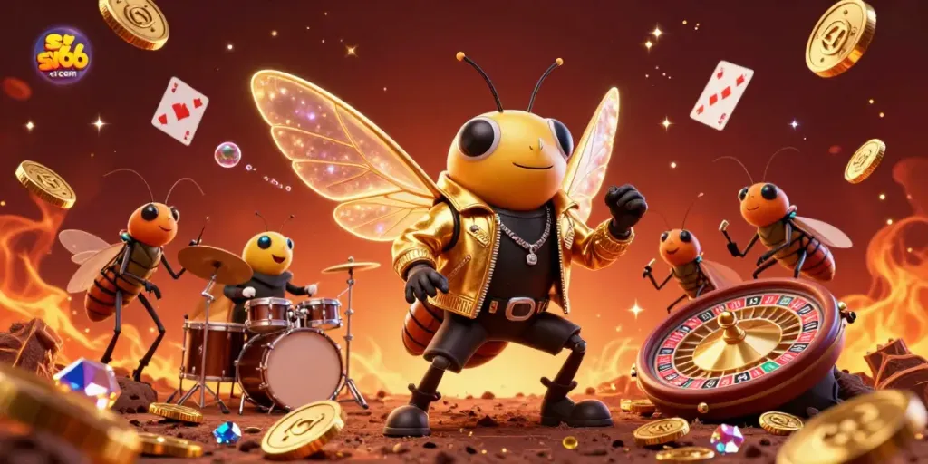 Join the excitement at sv66 com with a vibrant illustration showcasing a cartoon rock star in a casino atmosphere.