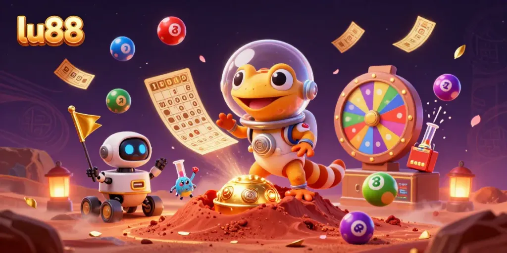 Experience lu88's vibrant casino adventure with Martian gecko and robot rover in a dynamic 3D illustration.