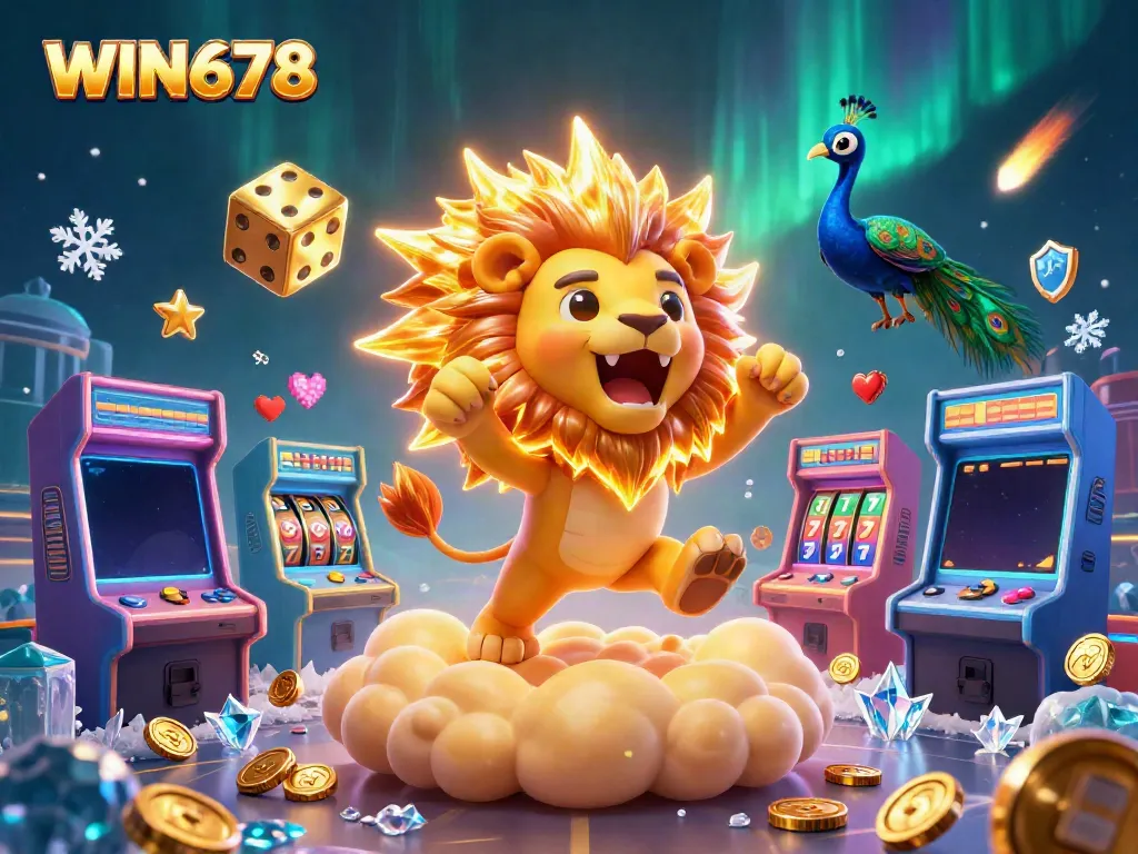 Experience exhilarating gameplay with WIN678's vibrant cartoon illustration featuring a roaring lion and casino elements.