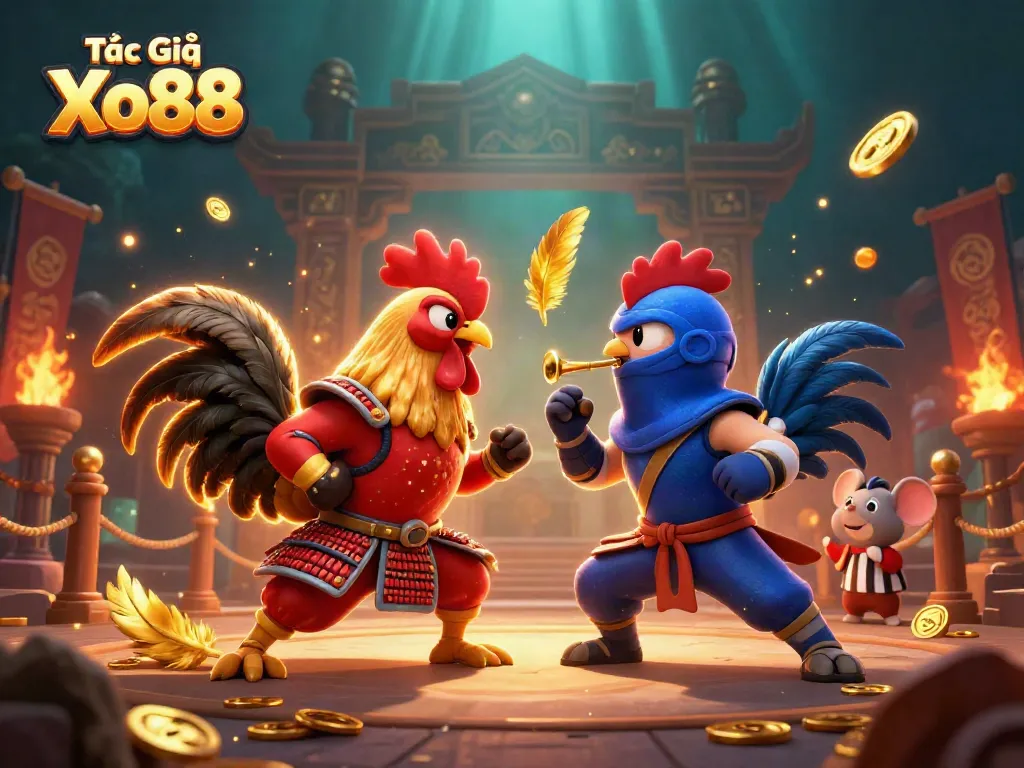 Tác Giả Xo88 showcases a dramatic duel between roosters, highlighting competitive spirit in gaming.