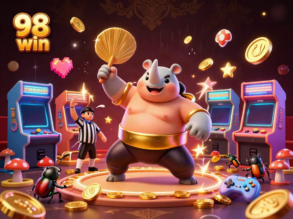 Experience the thrill of 98 win with a sumo beetle stomping coins in a vibrant casino scene.