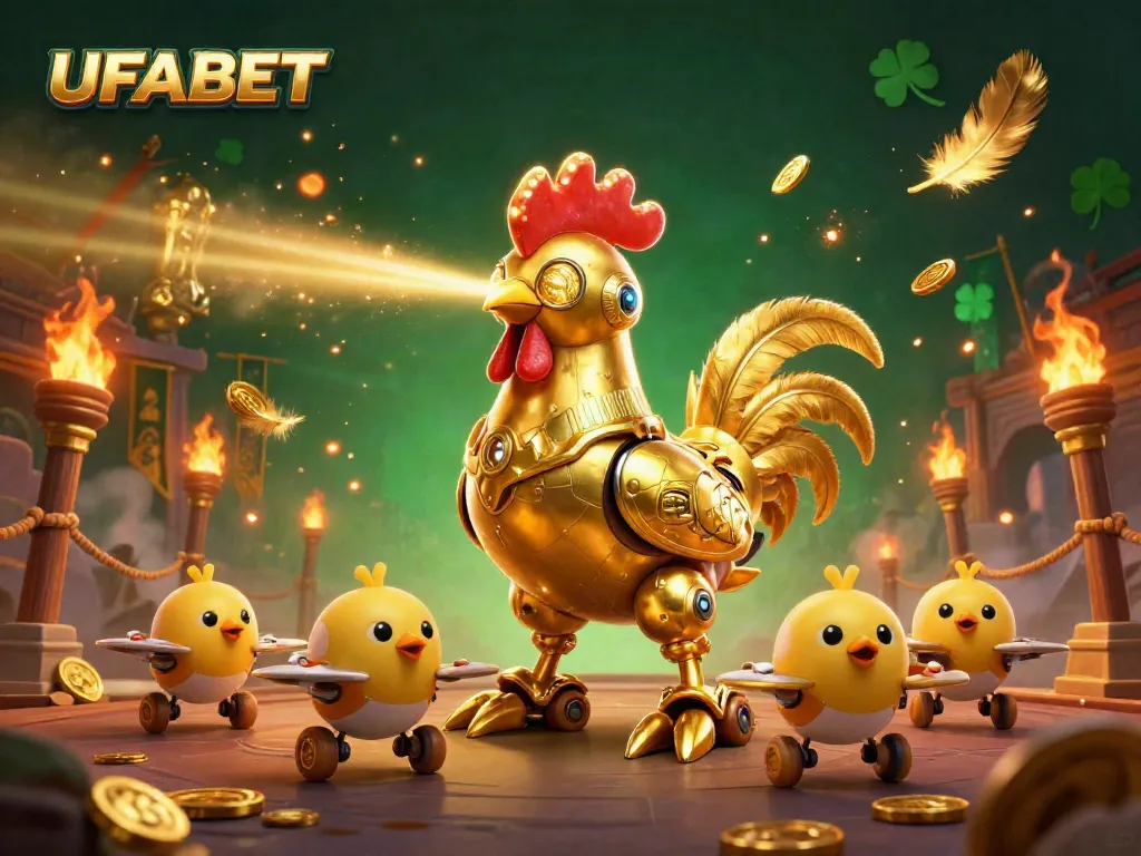 Experience the excitement of UFABET with a dynamic golden rooster robot and baby chick drones in an action-packed casino atmosphere.