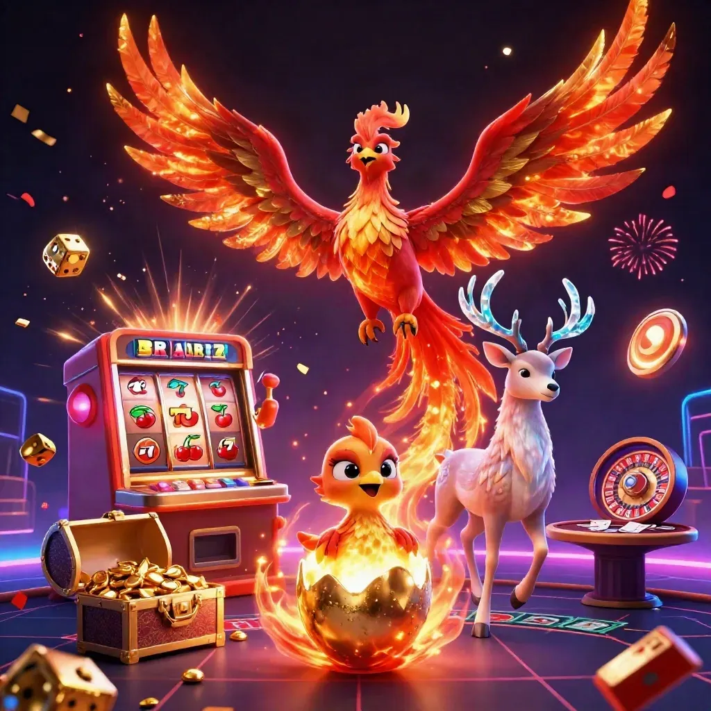 Phoenix, baby phoenix, and crystal stag amid casino bursts, gold, and neon fire.