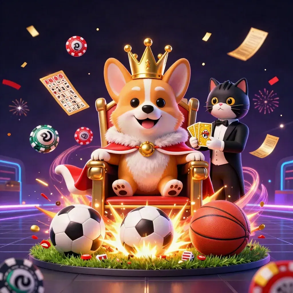 Royal corgi and cat butler on chip throne amid casino props, neon sparks, and sports gear.