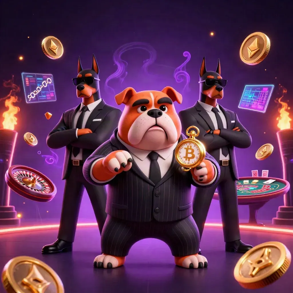 Bulldog casino boss with two Doberman bodyguards amid glowing coins, cards and neon energy.
