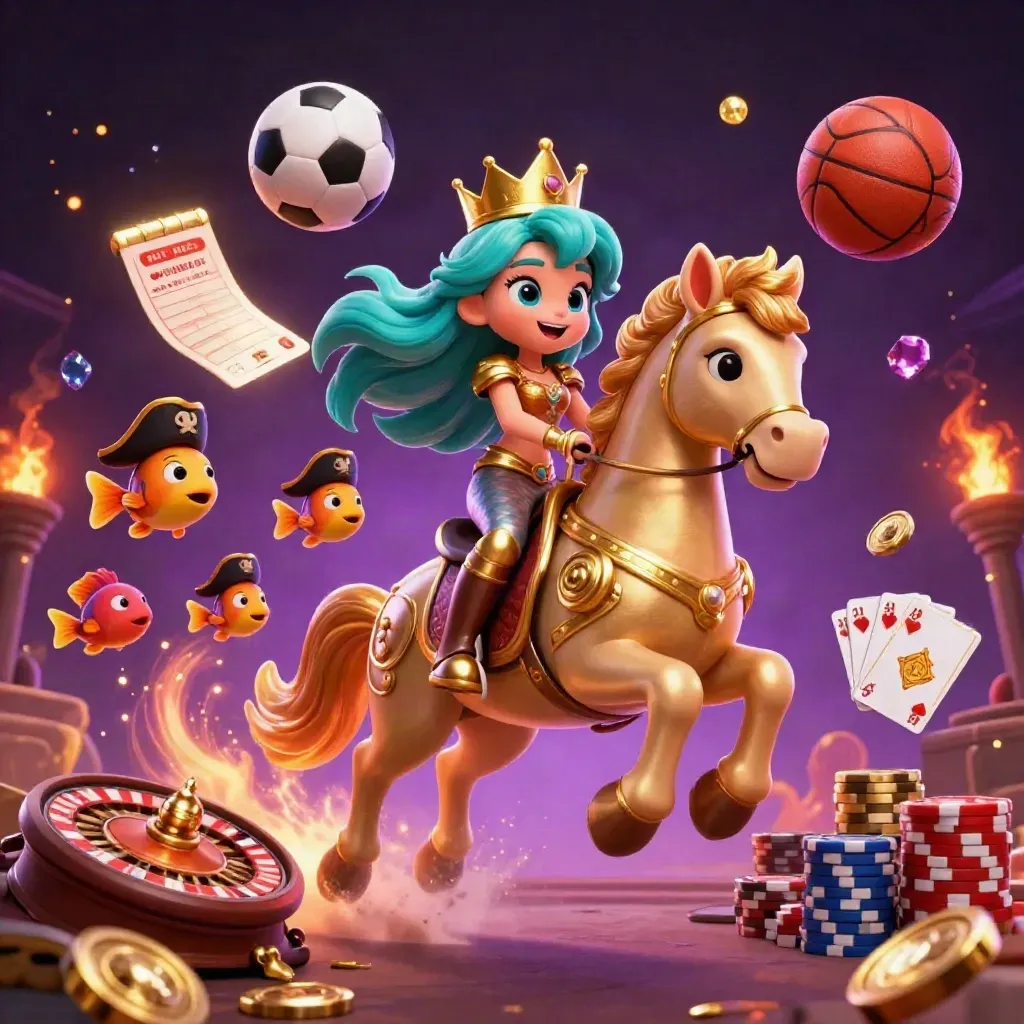 Armored mermaid princess on a seahorse amid casino coins, chips, cards, balls, and purple starlight.