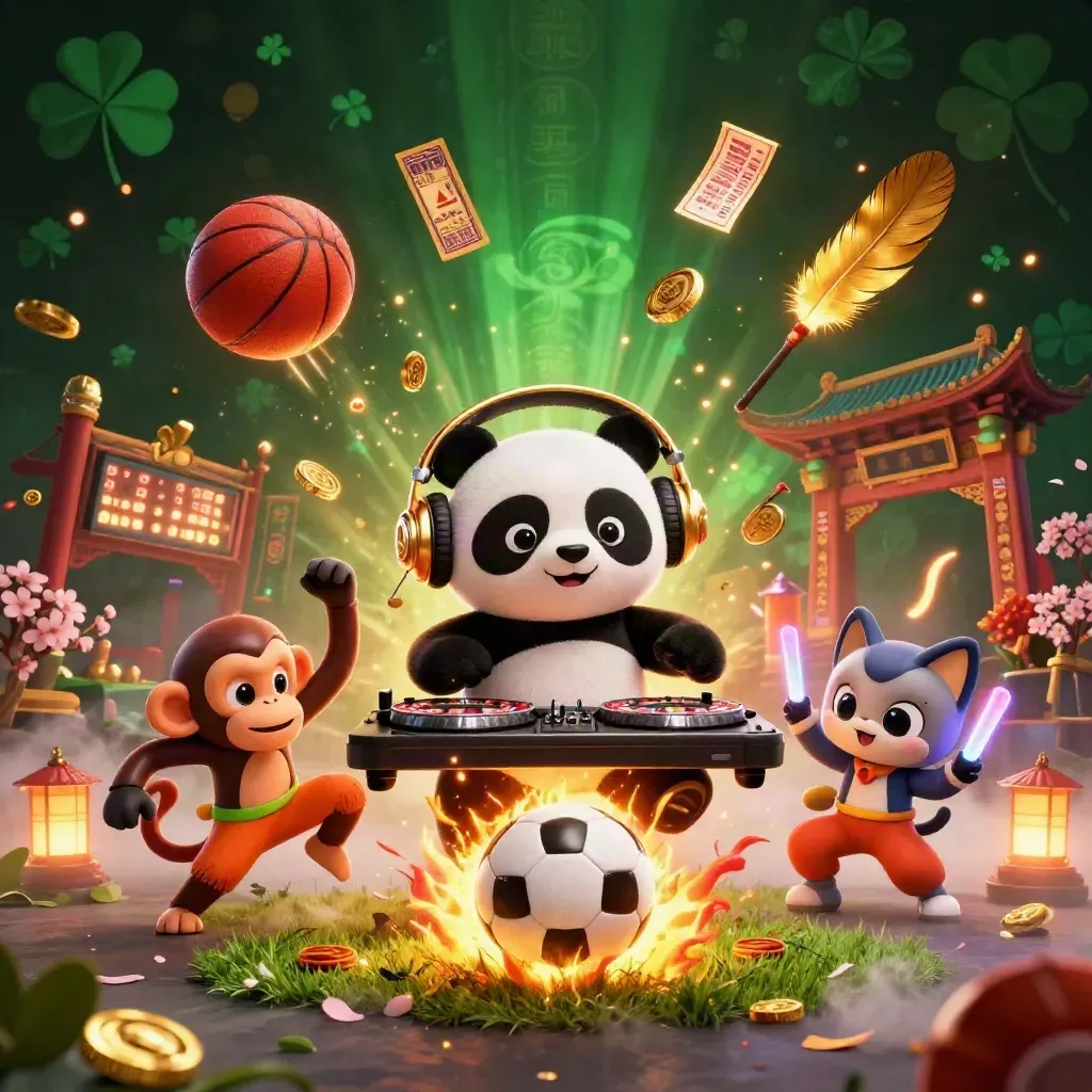 Panda DJ, monkey, and glow-stick kitten amid a soccer-ball burst, casino lights, and gold coins.