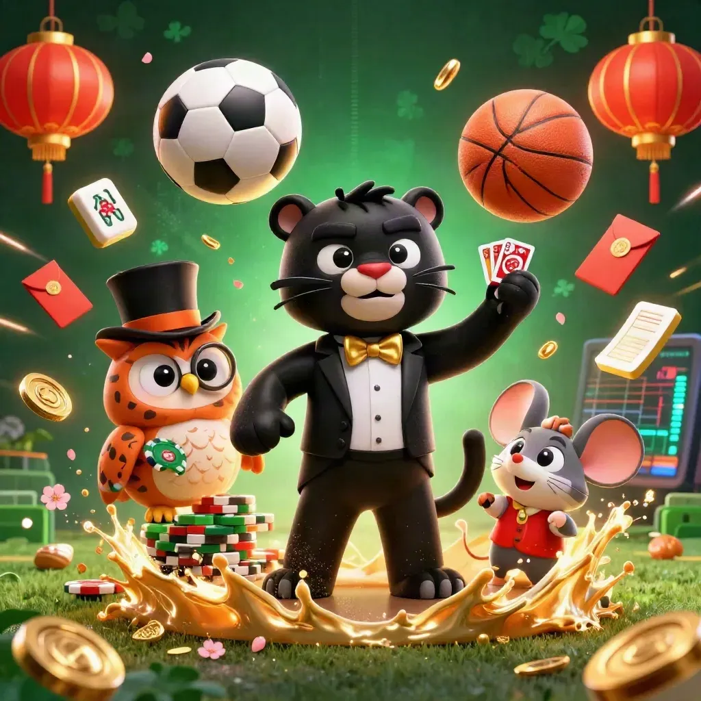 Panther, owl and mouse amid casino cards, soccer ball, chips and gold light on dark emerald black.