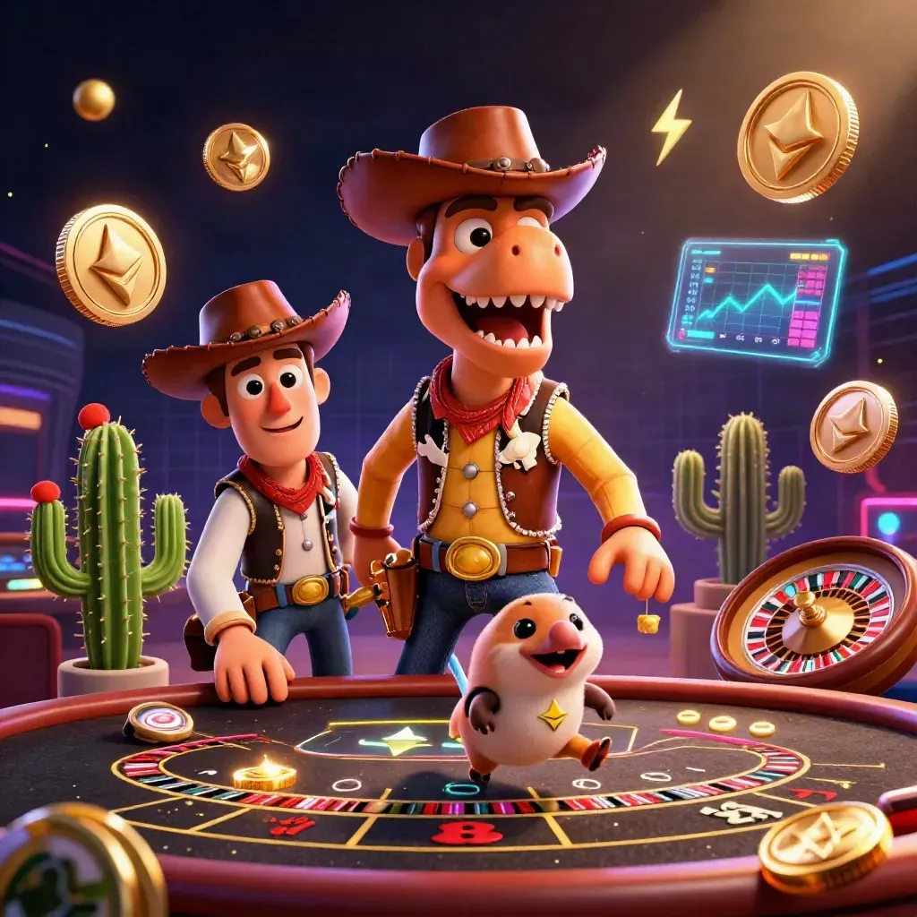 Cowboy T-Rex, cactus and roadrunner in a neon casino with coins, roulette glow and brass lights.