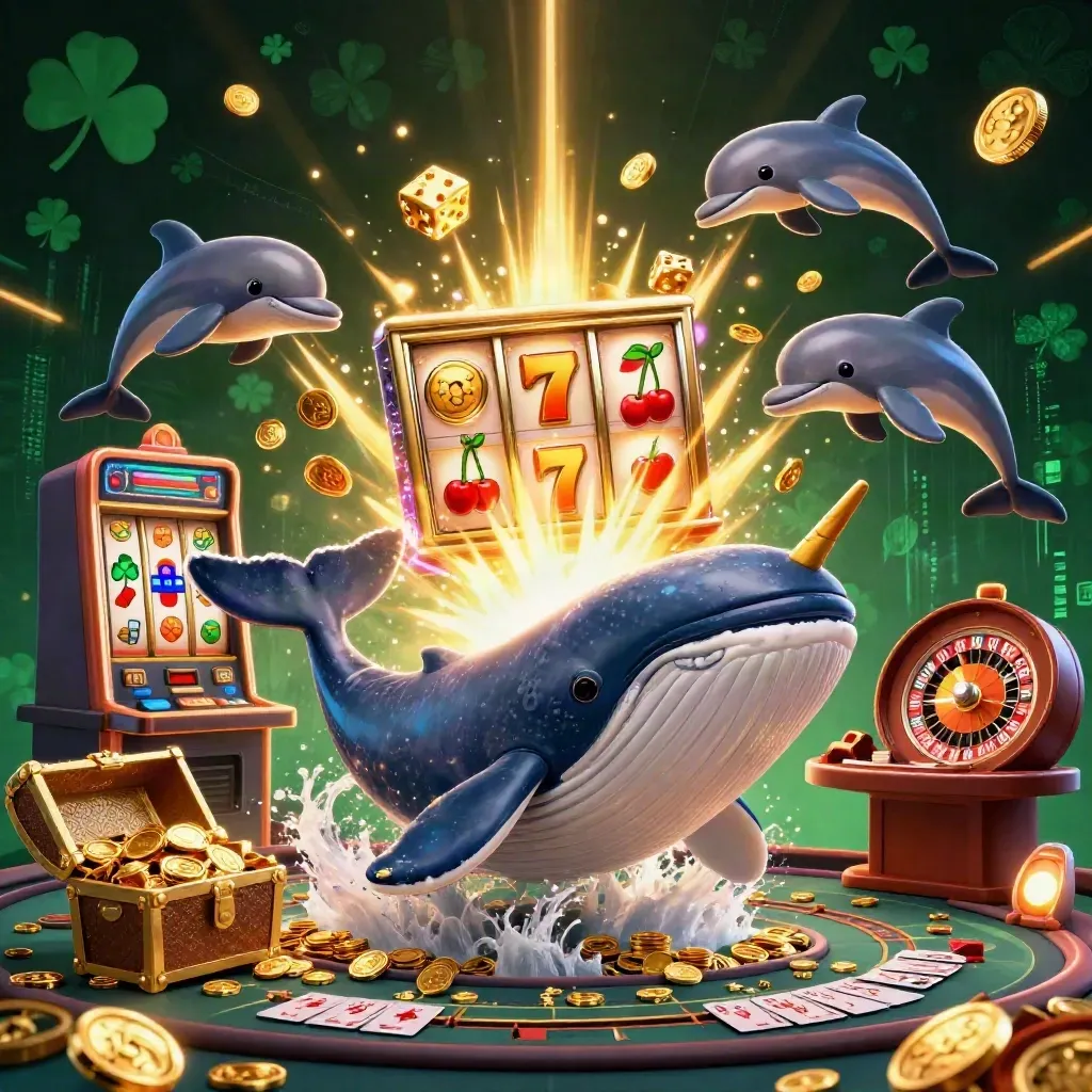 Whale captain, narwhal, and dolphins amid a luxe casino burst of gold and neon.
