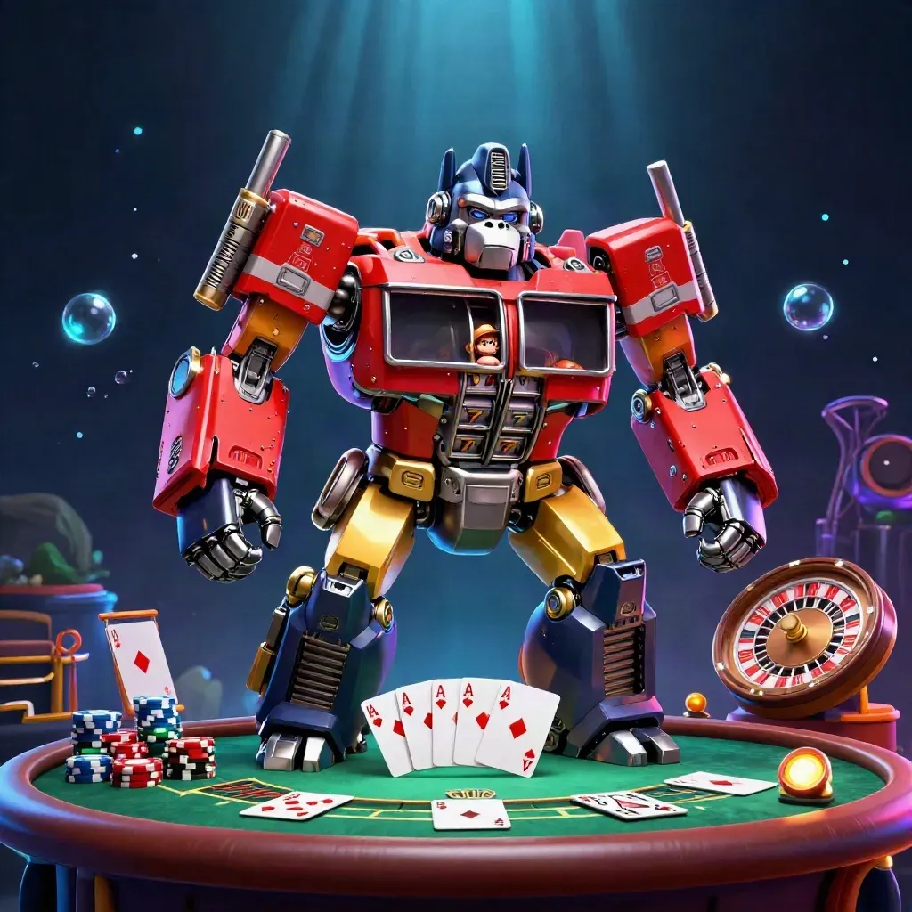 Golden gorilla mech with monkey pilot amid casino props, neon glow, and dramatic lights