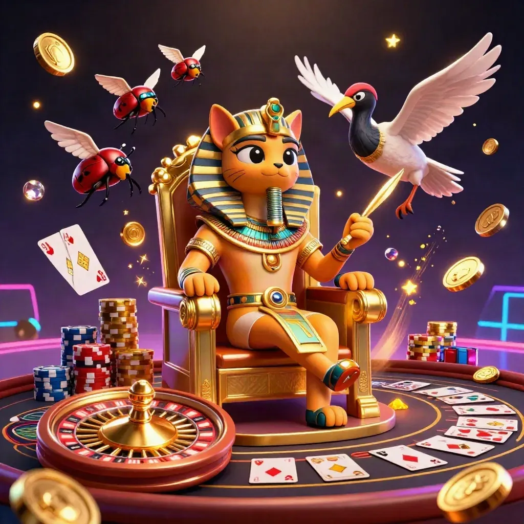 Pharaoh cat, ibis scribe, and gem-wing scarabs amid casino lights and flying gold.