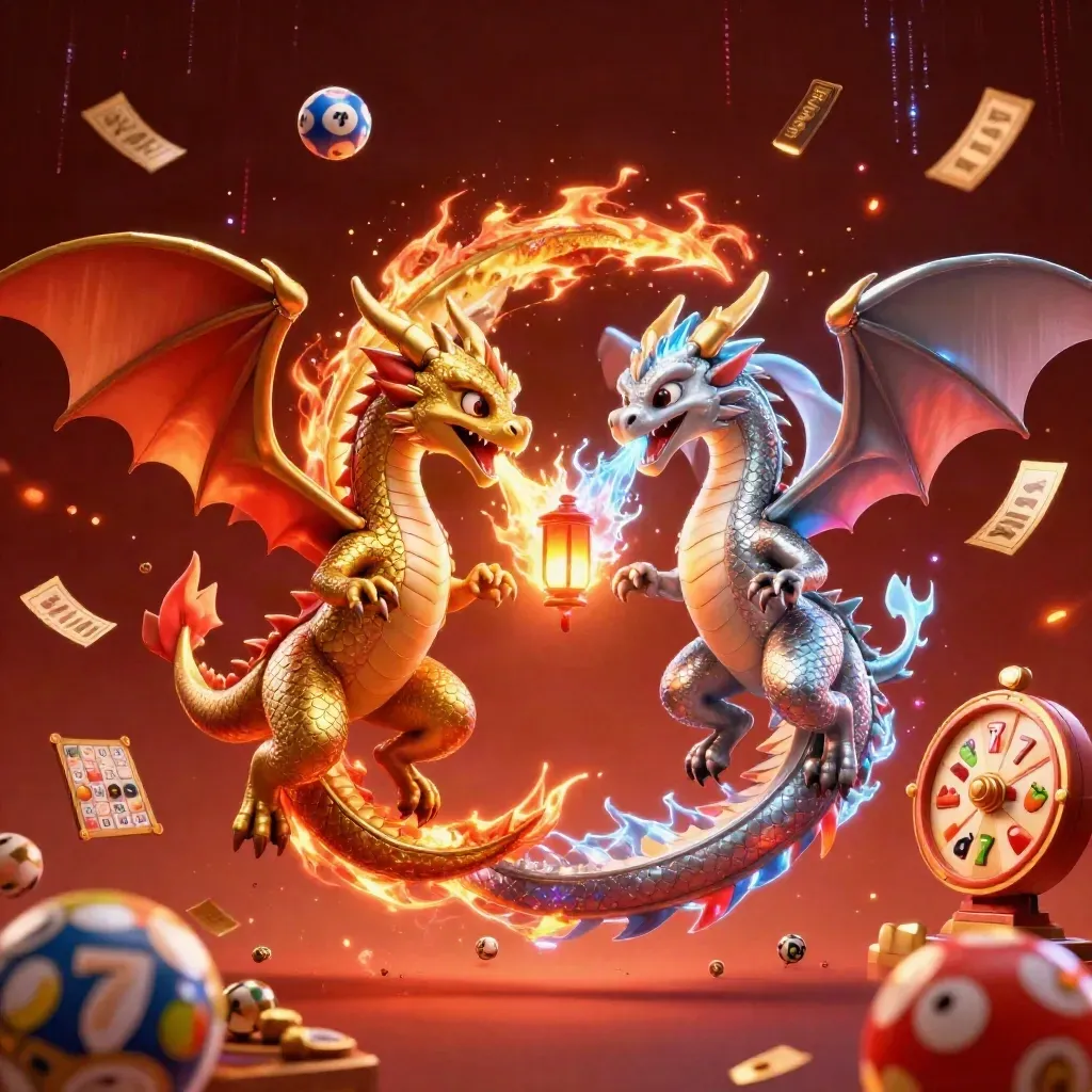 Twin gold and silver dragons spiral with fire and ice amid casino gems and golden bursts.