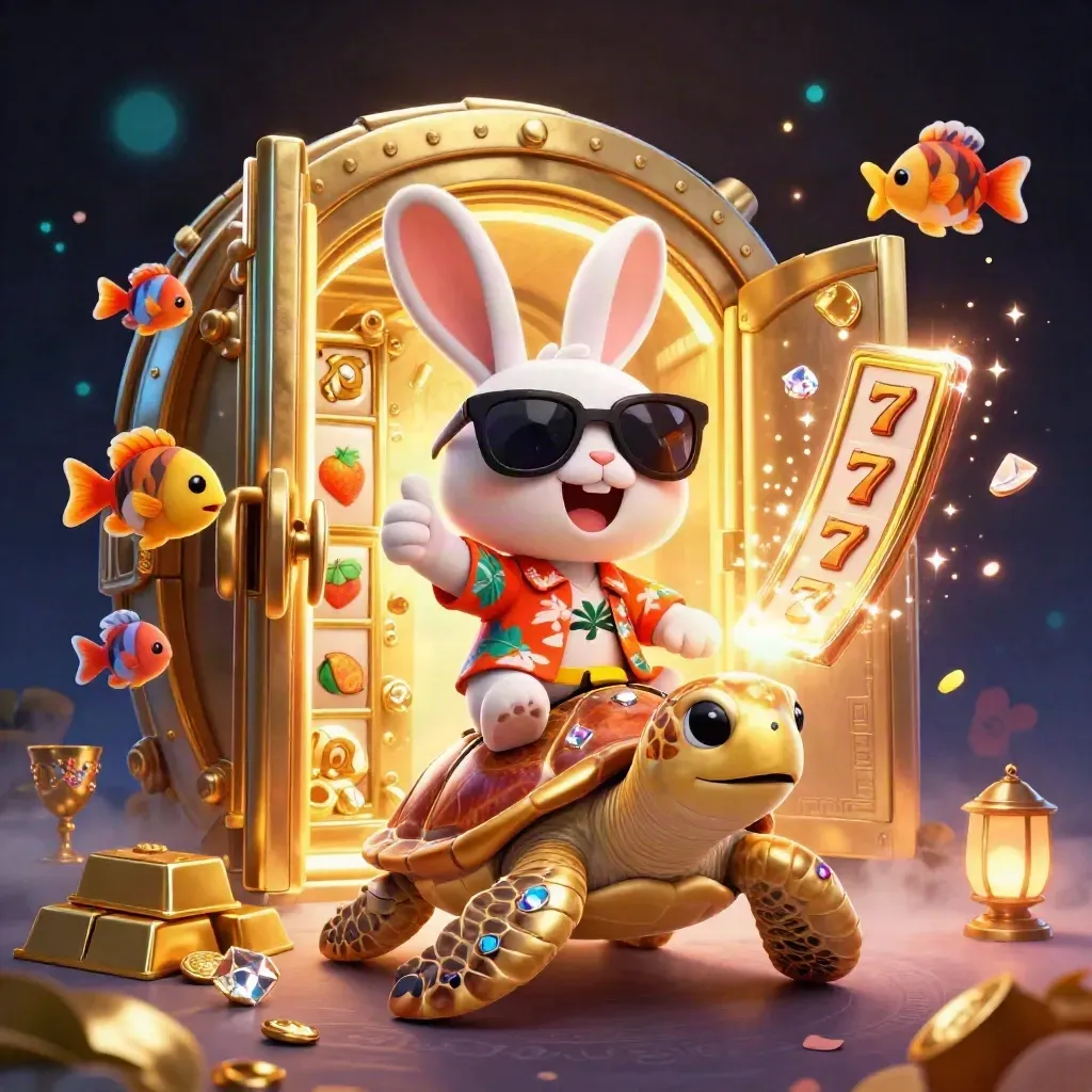 Rabbit on a golden sea turtle with vault treasure, gems, and casino symbols in neon splash art