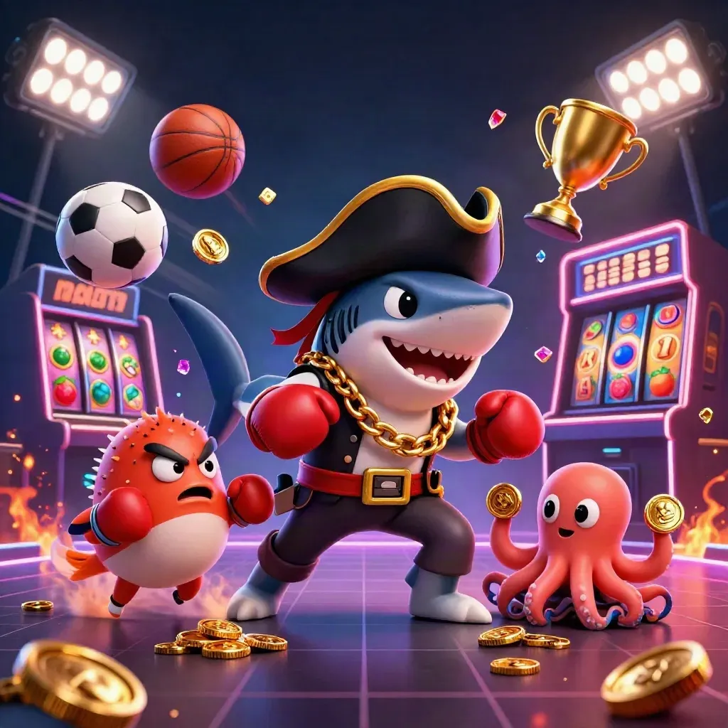 Pirate shark, boxing pufferfish, and octopus amid coins, balls, trophy, and neon casino chaos