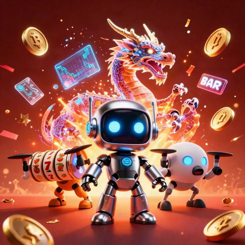 Cyberpunk robot, holographic dragon, and coin drone amid casino treasures, fire glow, and neon energy.