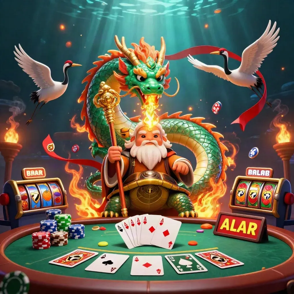 Emerald dragon, sage turtle, and cranes amid casino cards, chips, and glowing underwater magic.