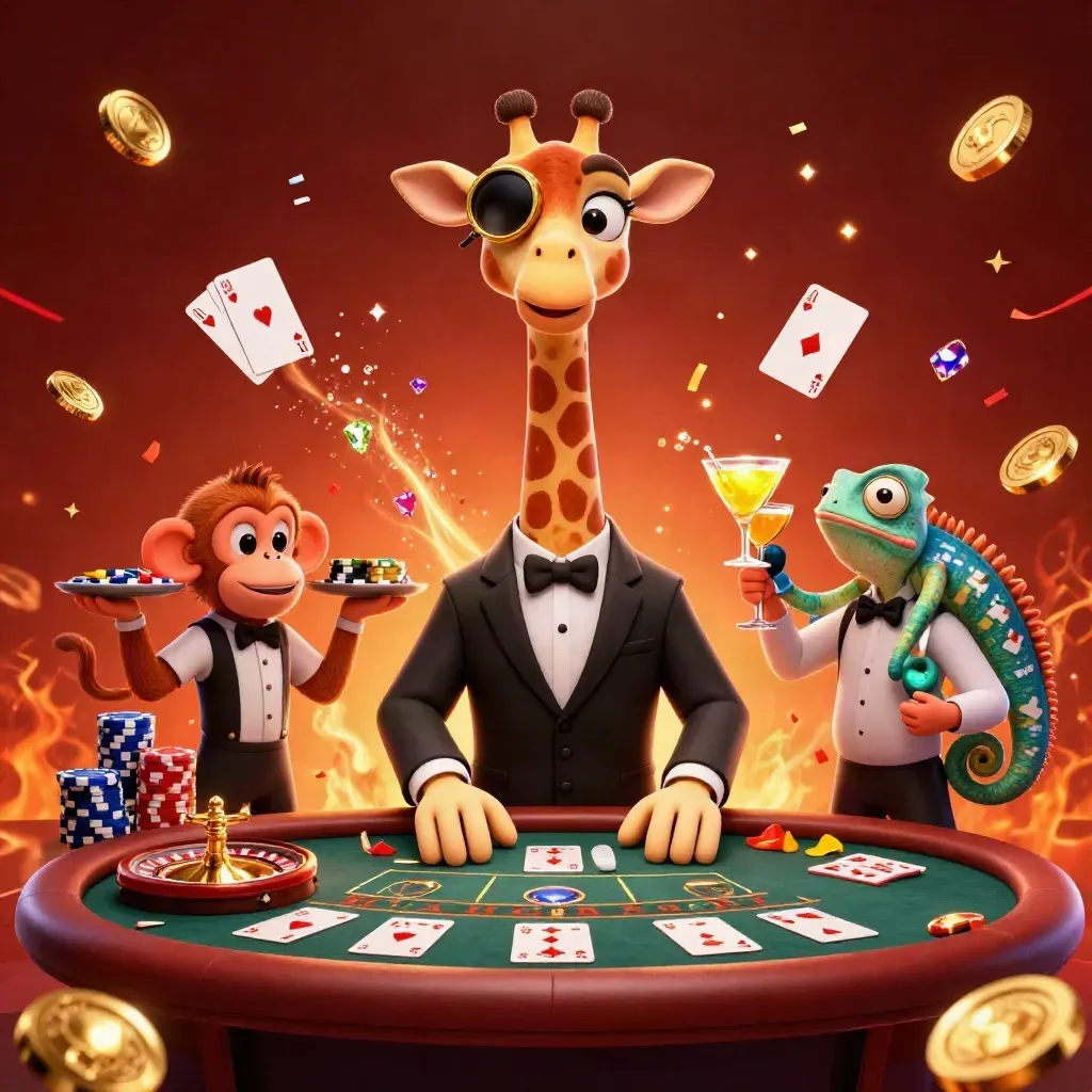 Giraffe high-roller, monkey valet, and chameleon bartender amid coins, chips, roulette, and fireworks