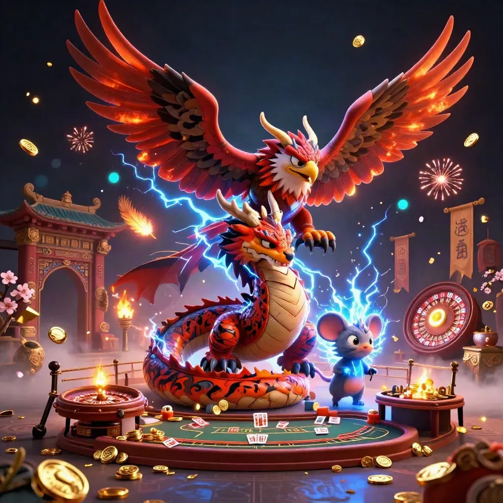 Thunder dragon, wind hawk, and static mouse amid casino treasures and fireworks