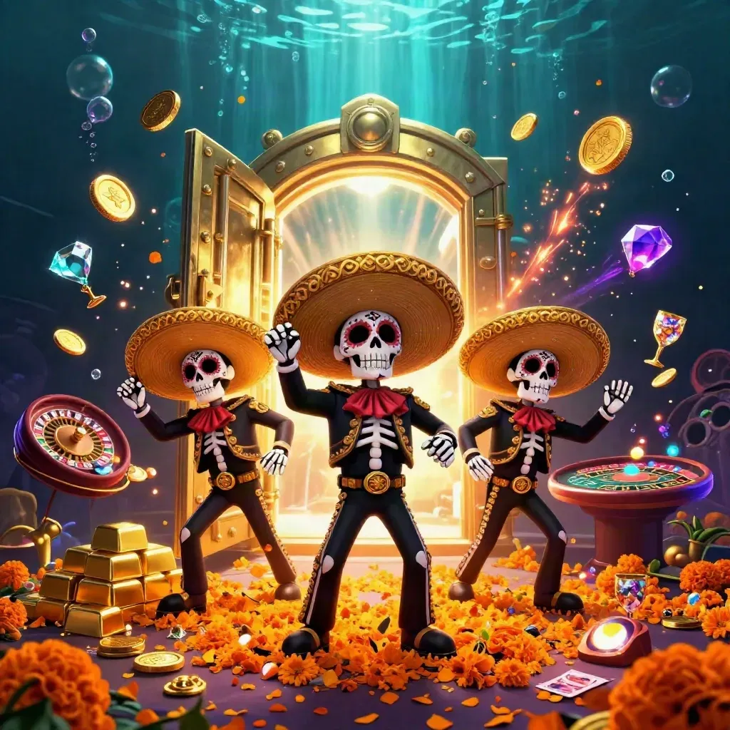 Skeleton mariachi trio amid vault gold, coins, roulette wheel, and underwater neon glow