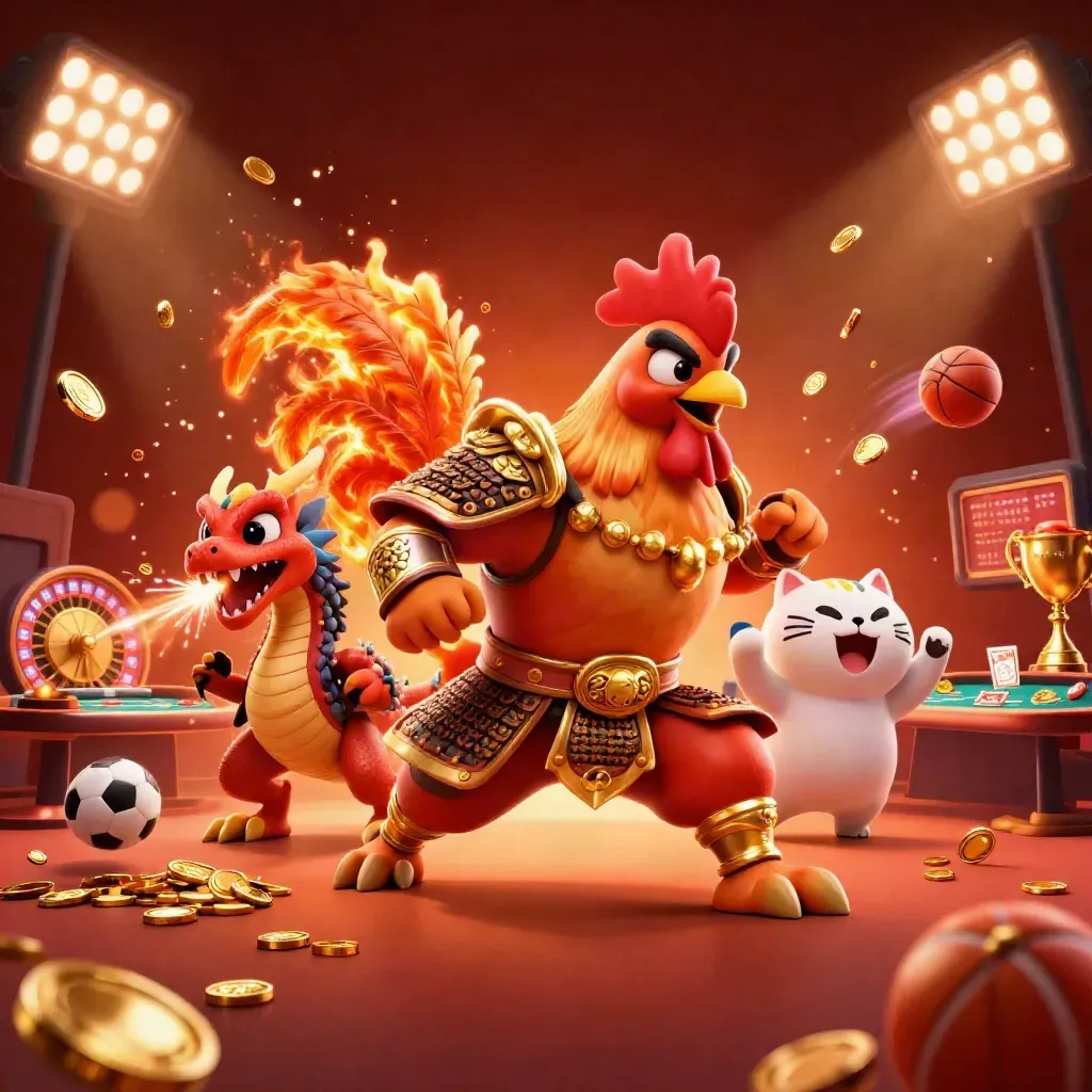 Rooster warrior, dragon hatchling, and fortune cat amid coins, fireworks, and casino game elements.
