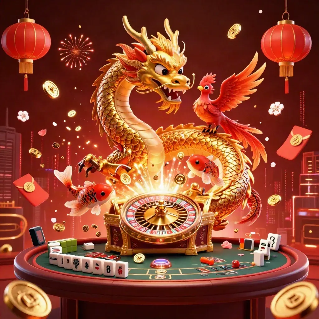 Golden dragon, phoenix, koi, casino cards and coins exploding in a fiery luxe jackpot scene.