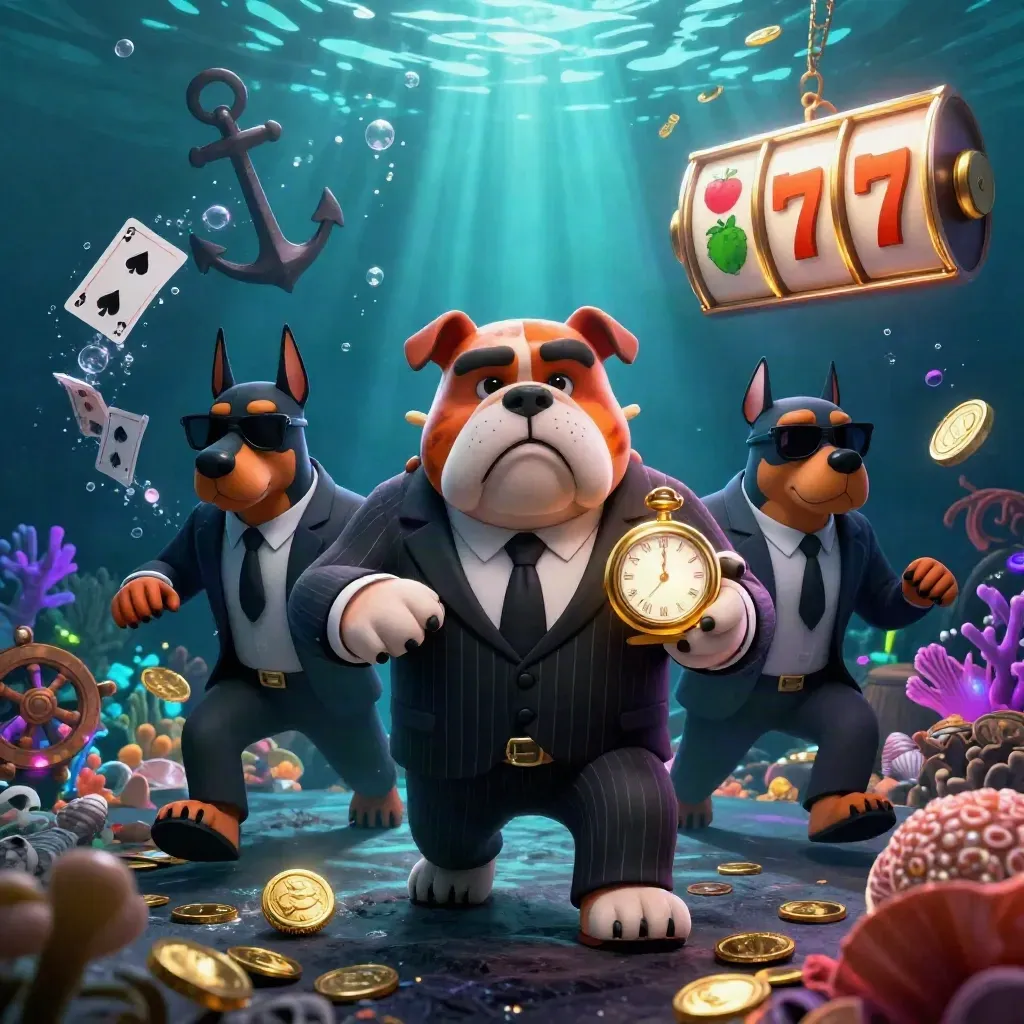 Bulldog mob boss and Doberman guards blast through a jeweled underwater treasure cove with coins and reels.