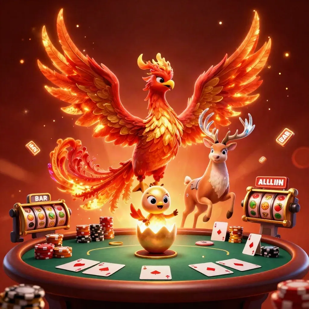 Phoenix, baby phoenix, and crystal stag amid casino chips, cards, and glowing slot reels.