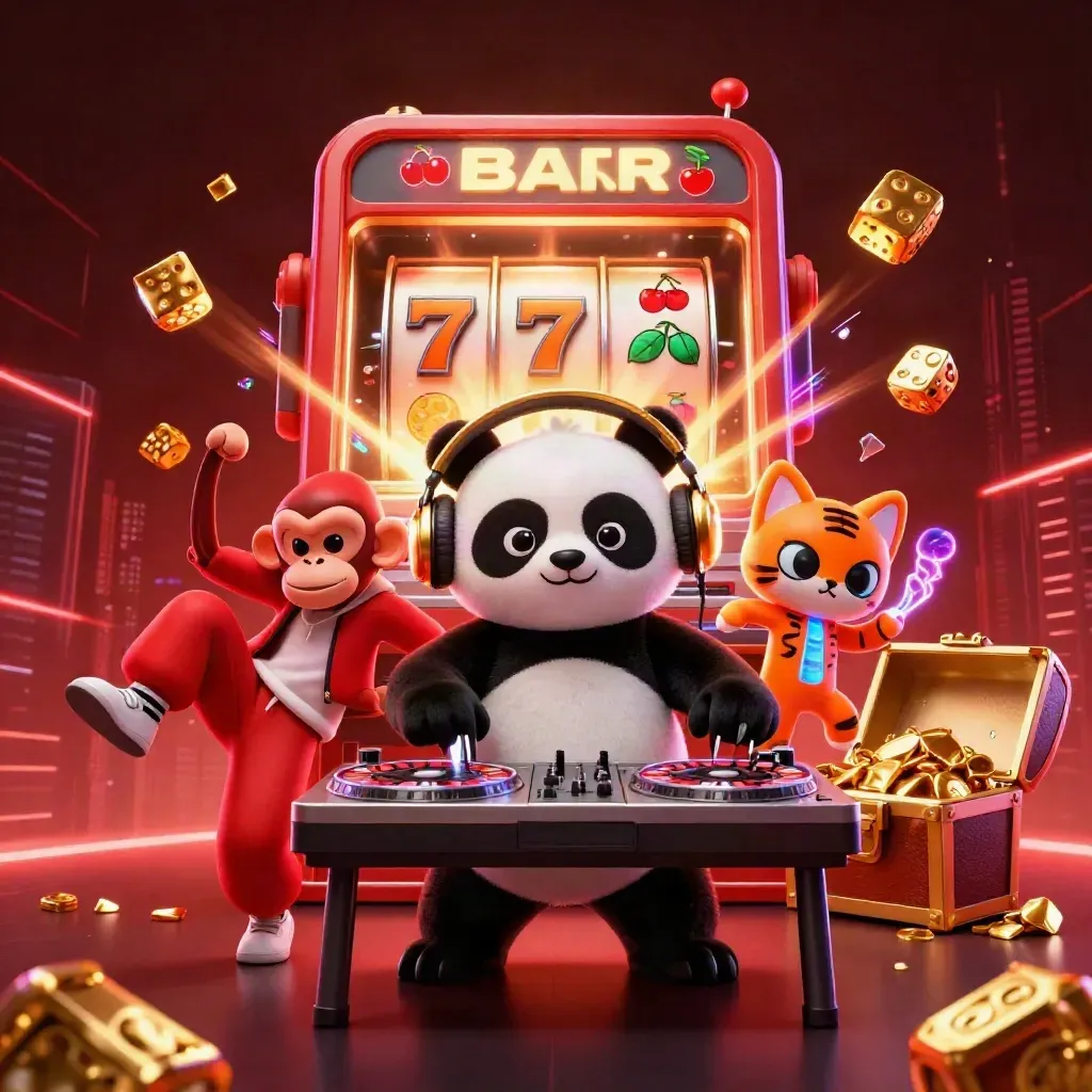 DJ panda, monkey, and rave kitten amid exploding slots, dice, gold, and neon casino energy.