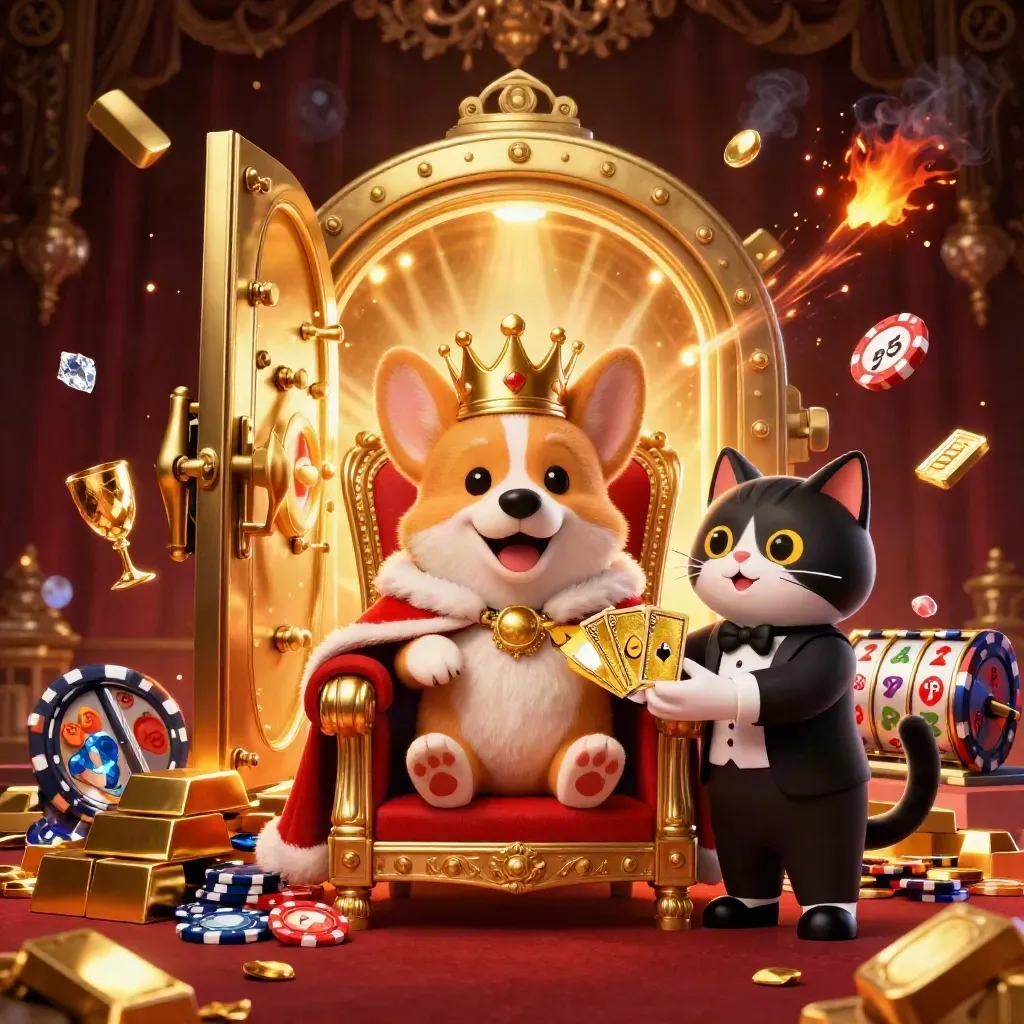 Royal corgi king and cat butler amid a vault blast, gold chips, gems, and casino reels