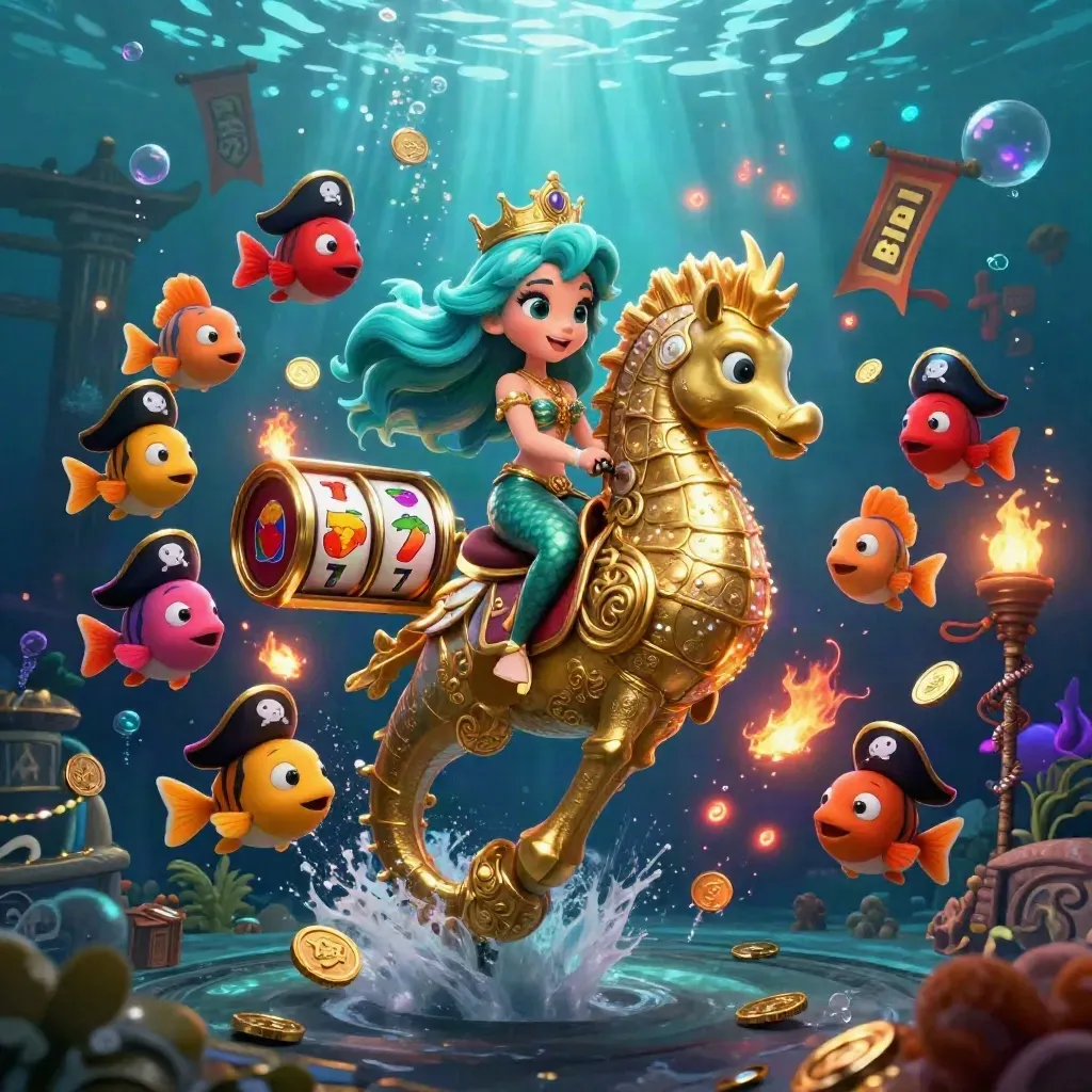 Mermaid princess on a golden seahorse with pirate fish, reels, coins, and neon underwater casino glow.
