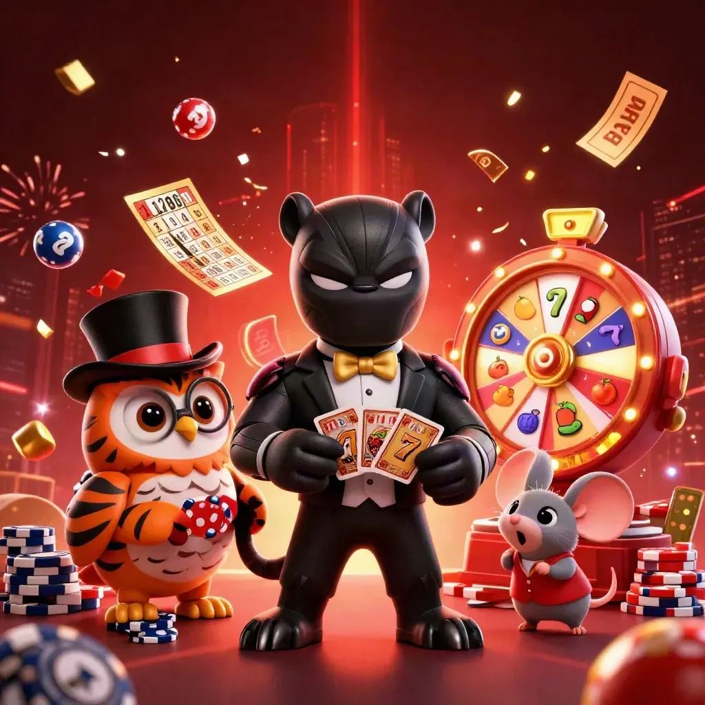 Panther, owl, and mouse amid casino chips, lottery balls, reels, and gold fireworks on a dark red background.