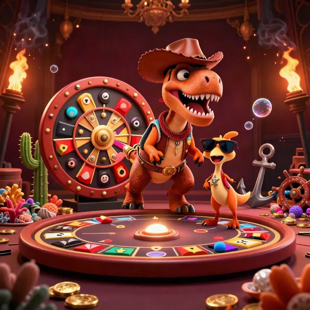 Cowboy T-Rex, cactus sidekick, and roadrunner amid casino treasure, cards, and gold sparks.