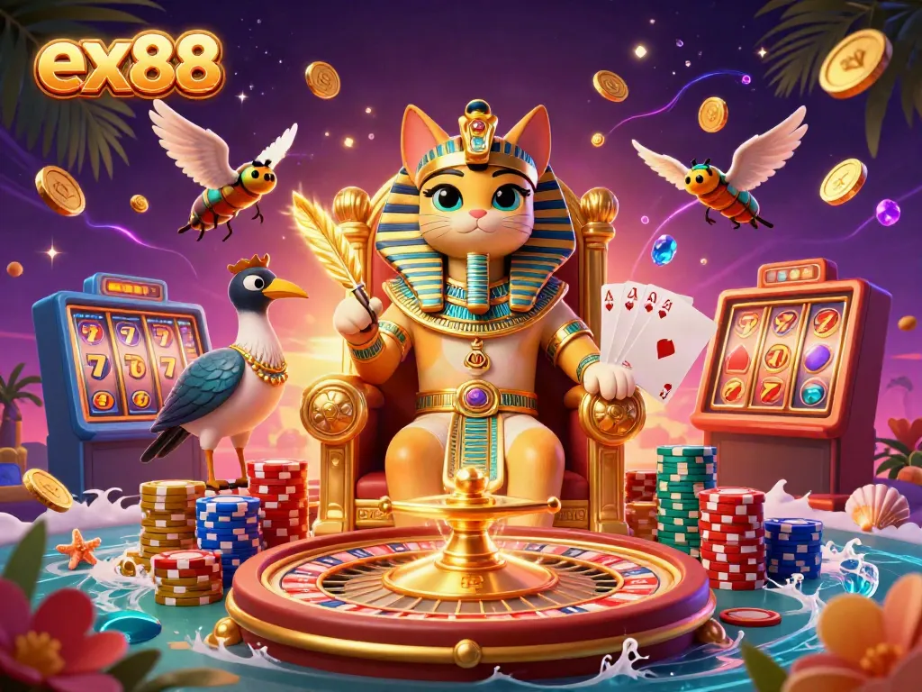 Experience thrilling wins with ex88, showcasing a vibrant pharaoh casino scene filled with golden coins, roulette, and cards.