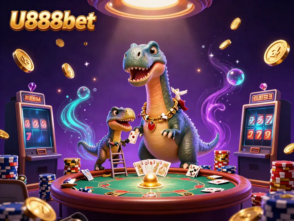 Experience thrilling gameplay at U888bet with a dynamic casino scene featuring a giant brontosaurus and raptor dealer.