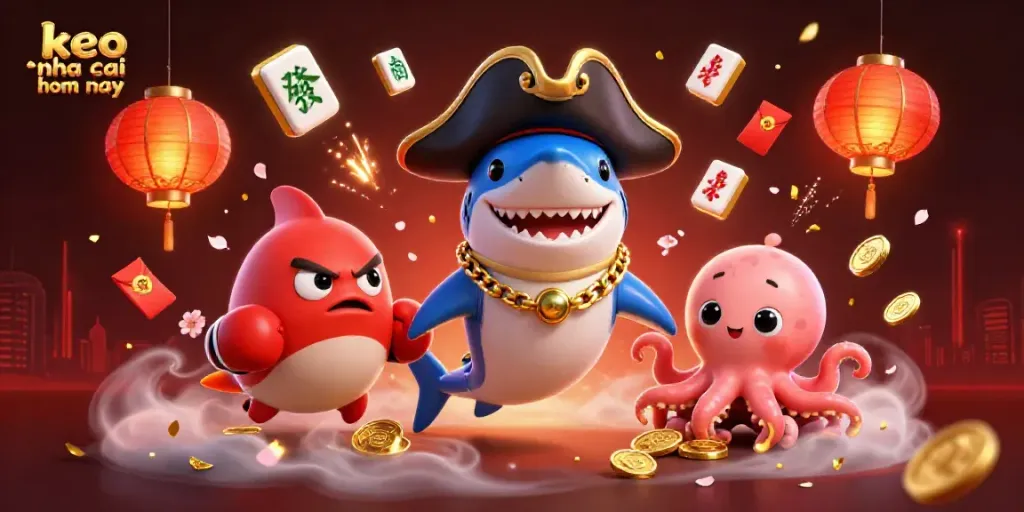 Engage with keo nha cai hom nay in a vibrant 3D casino scene featuring a pirate shark, a pufferfish boxer, and an octopus with gold coins.