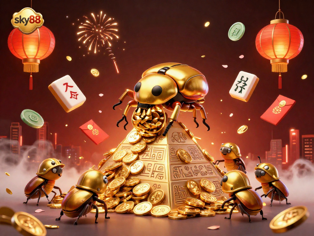 Bet on thrilling games at sky88, featuring a golden beetle rolling coins in a vibrant, dynamic casino scene.