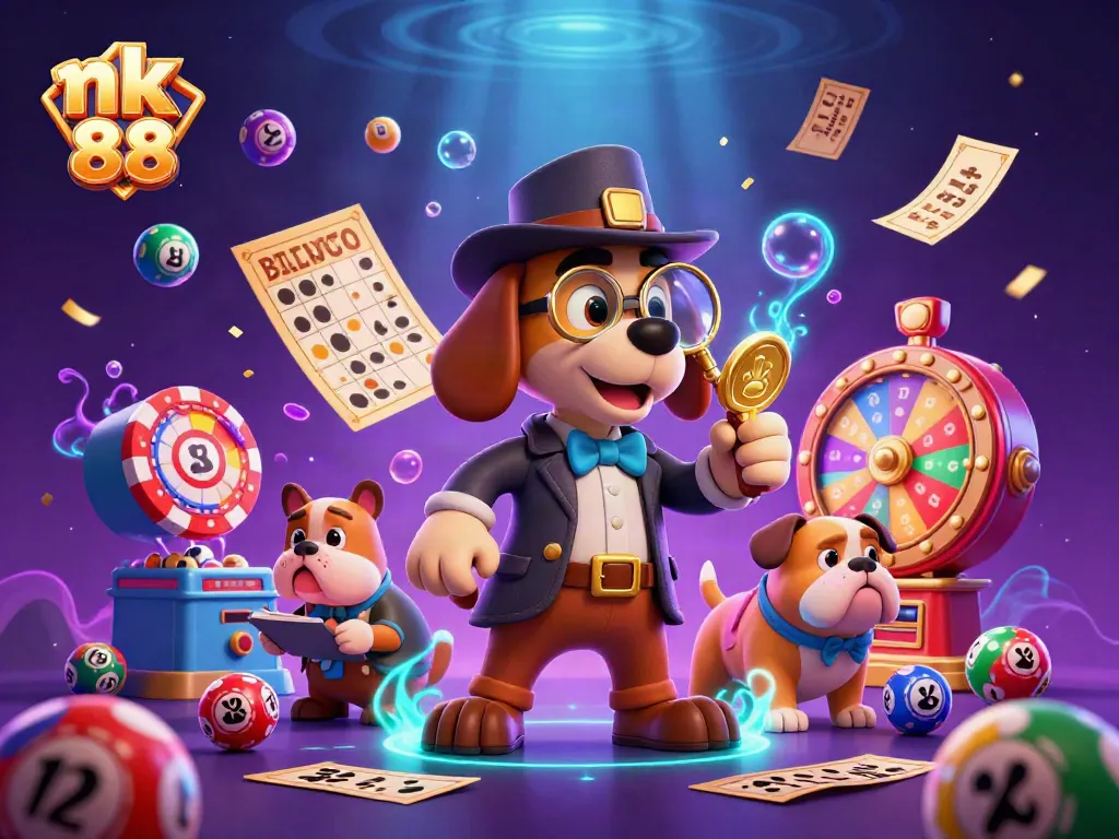 Engage in nk 88 gameplay with lively characters including a detective examining poker chips alongside lottery elements.