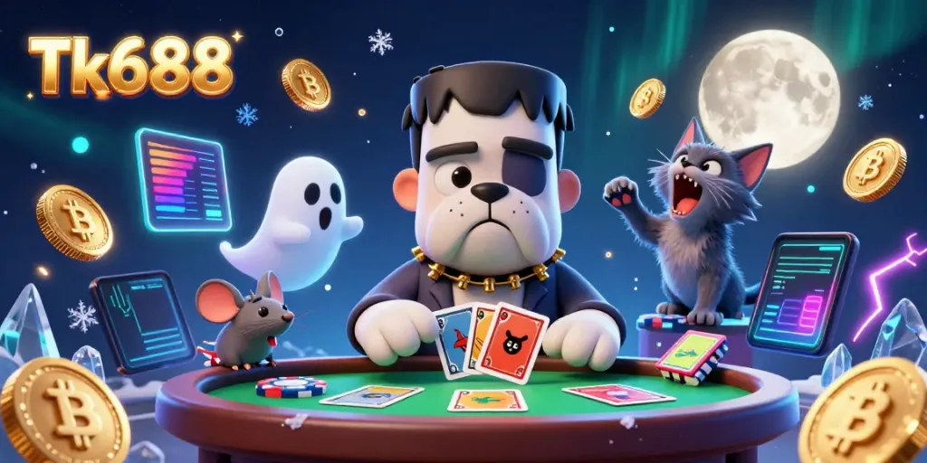 Engage in thrilling card games at Tk688's vibrant casino with a 3D monster and magical elements.