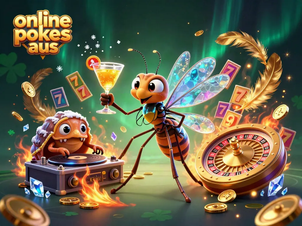 Experience online pokies aus with an animated scene of vibrant characters and gaming elements.