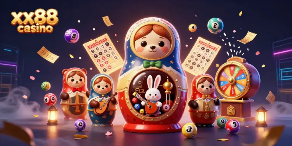Engage in the vibrant world of xx88 casino with colorful lottery elements and lively characters.