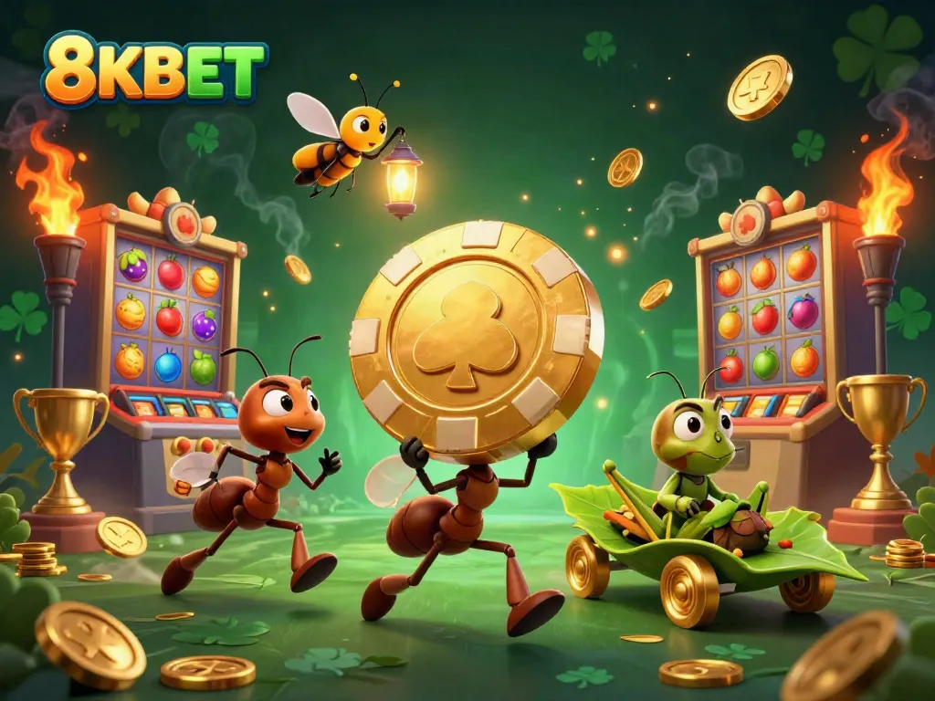 Experience thrilling gaming action with 8KBET’s vibrant casino elements in a playful 3D illustration.