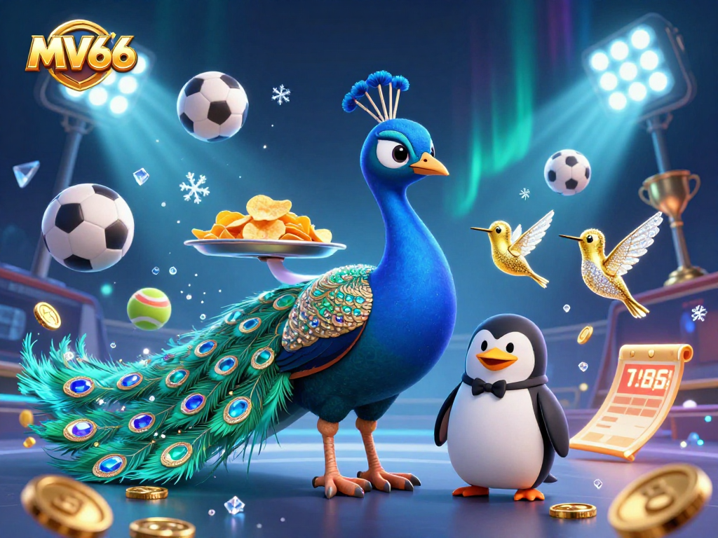 Experience winning at MV66 with an illustration of a peacock, penguin, and hummingbird in a vibrant casino scene.