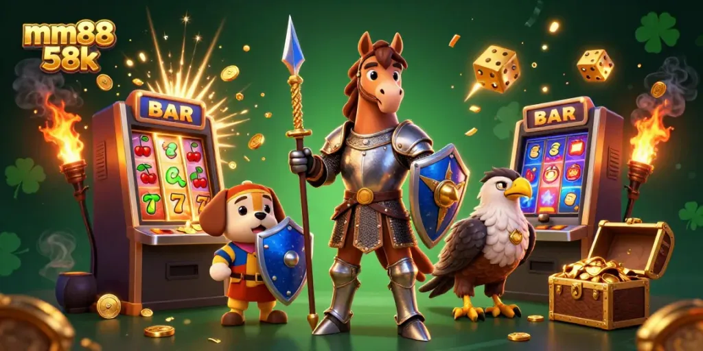 Experience thrilling wins with mm88 58k in this vibrant casino scene featuring classic slot elements.