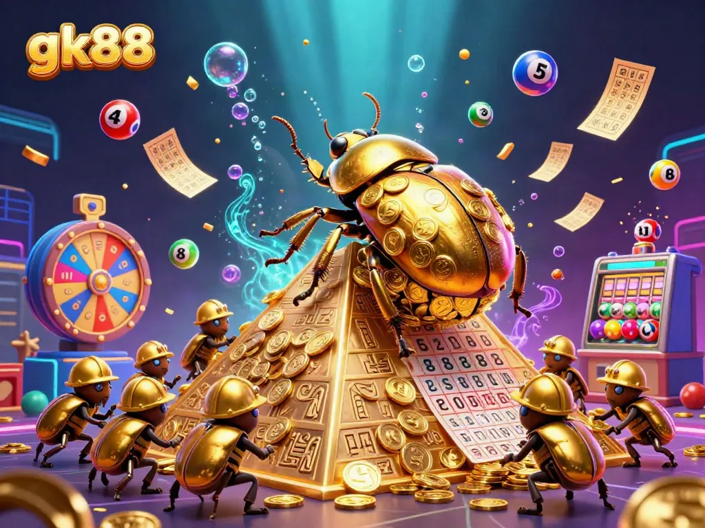Experience the excitement of gk88 with a golden dung beetle rolling coins amid vibrant casino elements.