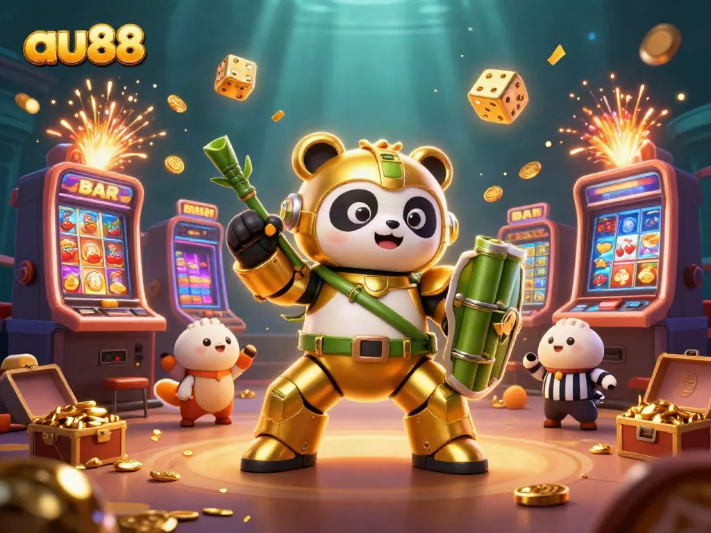 Celebrate in the vibrant casino world of au88, where a golden panda battles amidst slot machines and flying symbols.