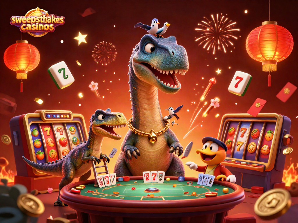 Sweepstakes casinos scene with a dinosaur dealer interacting at a poker table and festive elements.