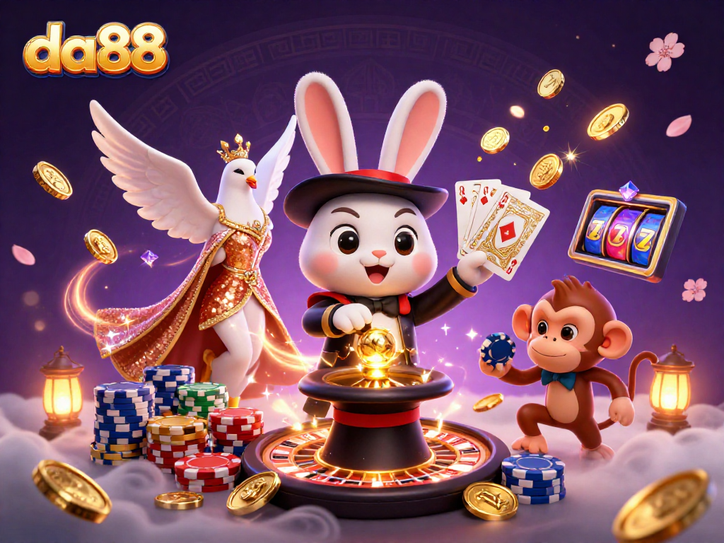 Experience the magic of da88 with a sensational 3D illustration of a magician rabbit, flying coins, and festive gems.