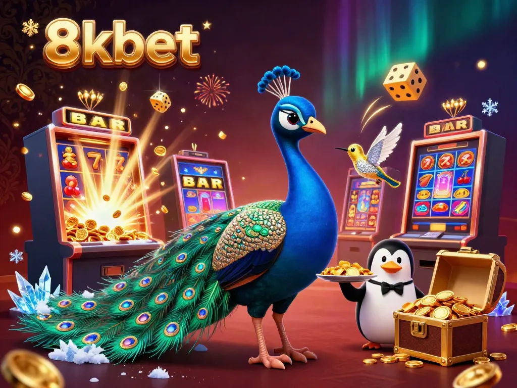 Experience a vibrant 8xbet casino scene with dynamic characters and thrilling slot elements bursting with excitement.
